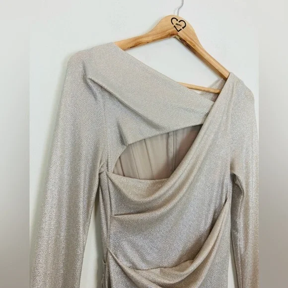 Talbot Runhof champagne colored long sleeve metallic full length gown. Size 8/38 - Picture 3 of 9